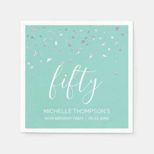 Mint Green Silver Confetti 50th Birthday Party Napkins
