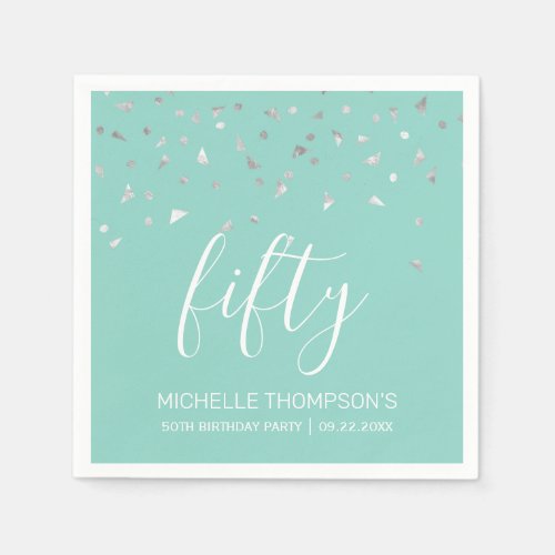 Mint Green Silver Confetti 50th Birthday Party Napkins