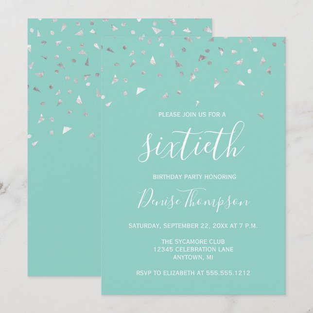 Mint Green Silver Confetti 60th Birthday Party Invitation (Front/Back)