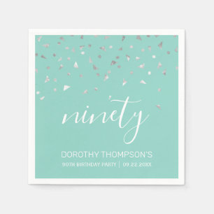Mint Green Silver Confetti 90th Birthday Party Napkins