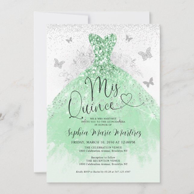 Mint Green Silver Dress Mis Quince Quinceañera Invitation (Front)