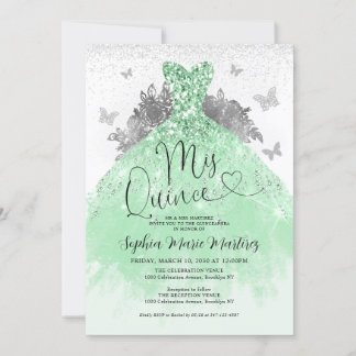 Mint Green Silver Dress Mis Quince Quinceañera Invitation