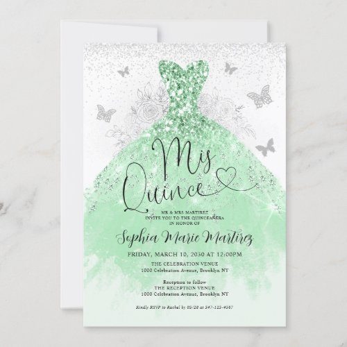 Mint Green Silver Dress Mis Quince Quinceaera Invitation