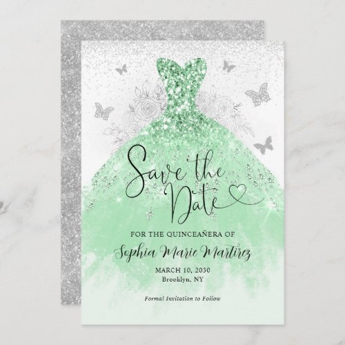 Mint Green Silver Dress Mis Quince Quinceaera Save The Date