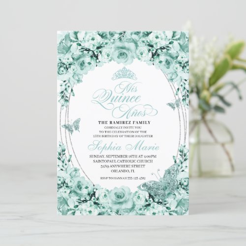 Mint Green Silver Floral Tiara Quinceanera Invitation
