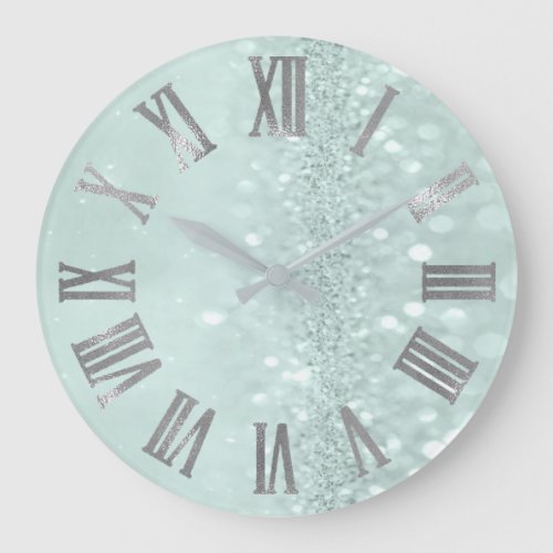 Mint Green Silver Glitter Gray Roman Numbers Large Clock