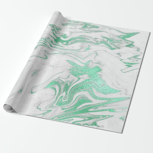 Mint Green Silver Gray White Marble Shiny Glam Wrapping Paper