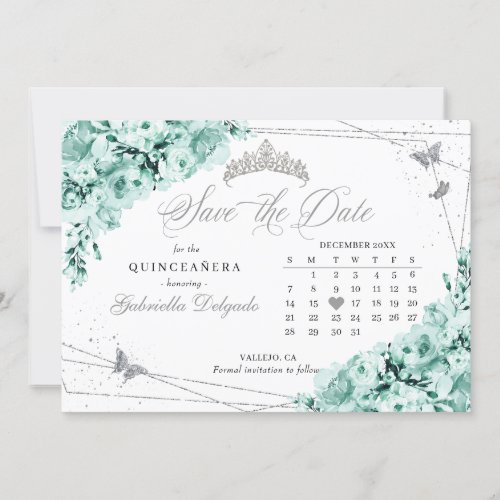Mint Green  Silver Quinceaera Save The Date Invitation