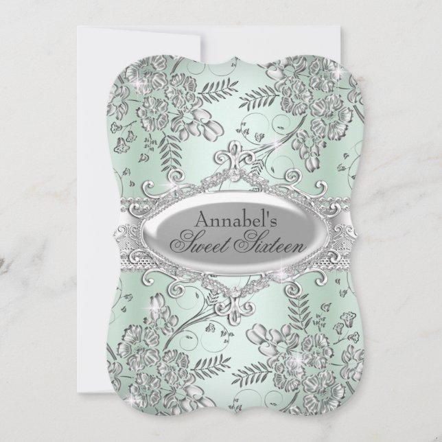 Mint Green Silver Sparkle Flower Sweet 16 Invitation (Front)