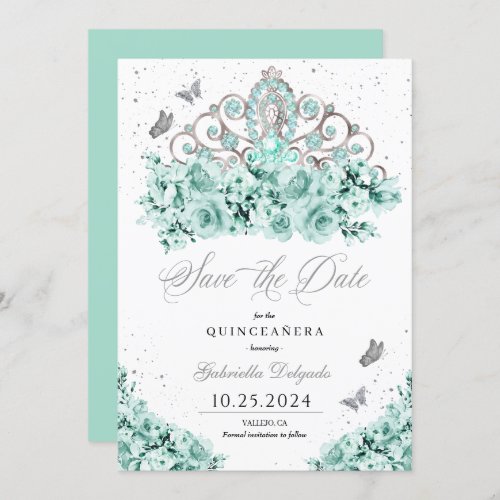 Mint Green Silver Tiara Save The Date Quinceaera Invitation