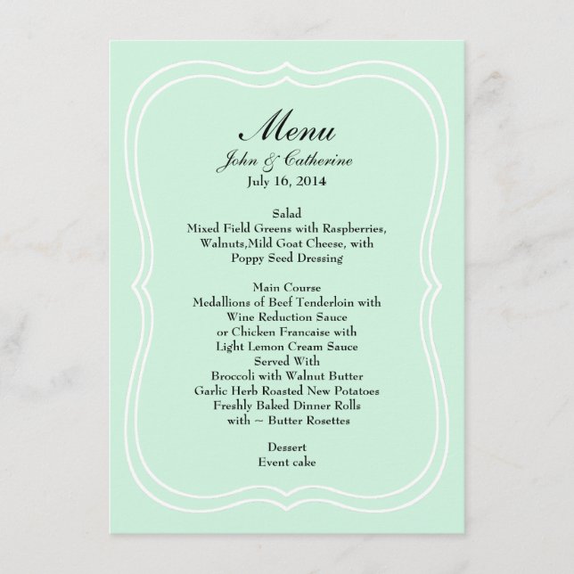 Mint Green Simple Elegance Wedding Menu (Front)