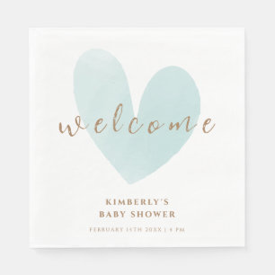 Mint Green Simple Heart Welcome Baby Shower Napkins