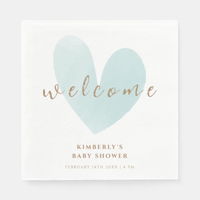Mint Green Simple Heart Welcome Baby Shower Napkins (Front)