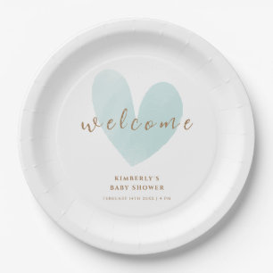 Mint Green Simple Heart Welcome Baby Shower Paper Plates