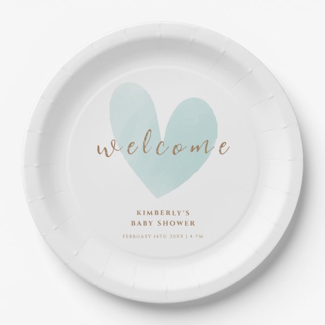 Mint Green Simple Heart Welcome Baby Shower Paper Plates (Front)
