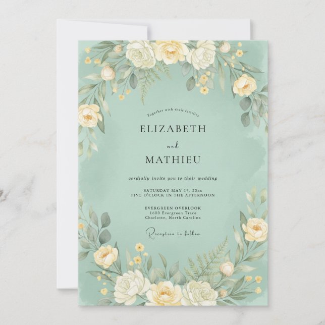 Mint Green Soft Botanical Wedding Invitation (Front)