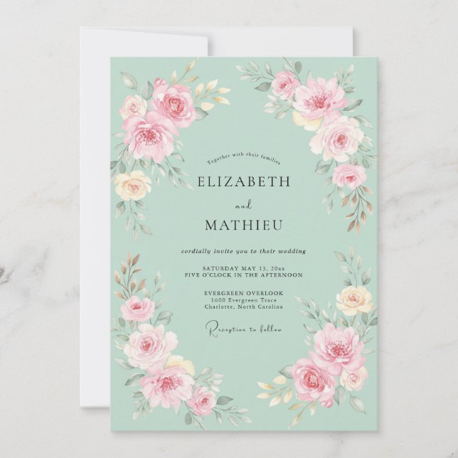 Mint Green Soft Floral Flourish Wedding Invitation (Front)