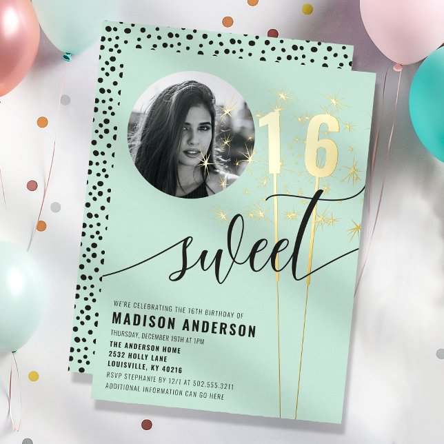 Mint Green Sparkler Sweet 16 Birthday Photo Foil Invitation (Creator Uploaded)