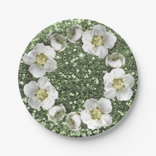 Mint Green Sparkly Floral Wreath Wedding Glitter Paper Plates