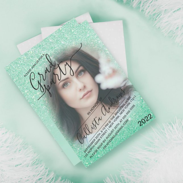 Mint Green Sparkly Glitter Ombre Photo Graduation Invitation (Creator Uploaded)