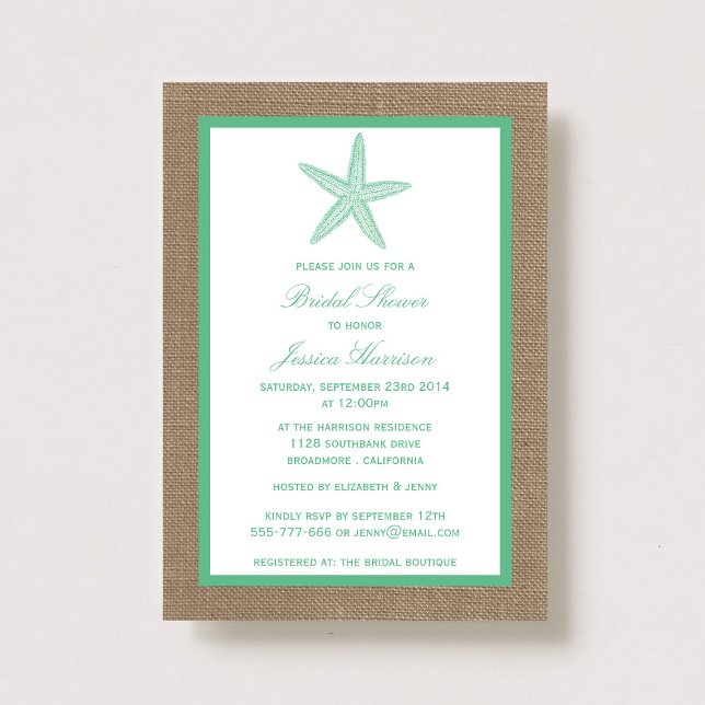 Mint Green Starfish Beach Burlap Bridal Shower Invitation (Creator Uploaded)