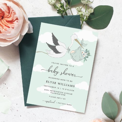 Mint Green Stork Baby Shower Invitation