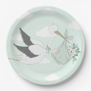 Mint Green Stork Baby Shower Paper Plates