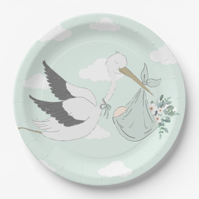 Mint Green Stork Baby Shower Paper Plates (Front)