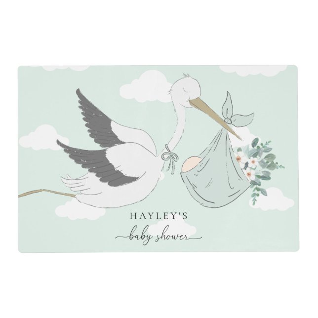 Mint Green Stork Baby Shower Placemat (Front)