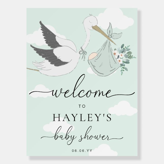 Mint Green Stork Baby Shower Welcome Foam Board (Front)
