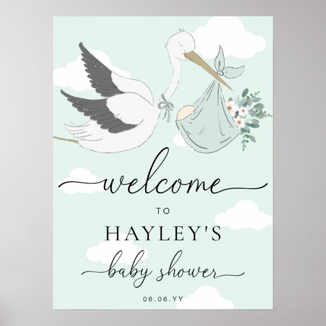 Mint Green Stork Baby Shower Welcome Poster (Front)
