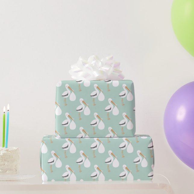Mint Green Stork Pattern Wrapping Paper (Party Gifts)