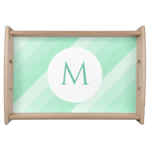 Mint Green Striped Modern Monogrammed Trendy Serving Tray