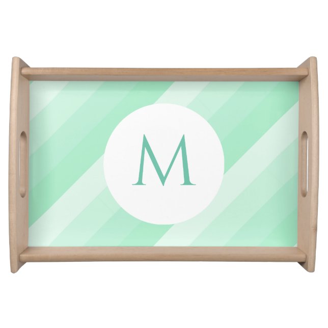 Mint Green Striped Modern Monogrammed Trendy Serving Tray (Front)