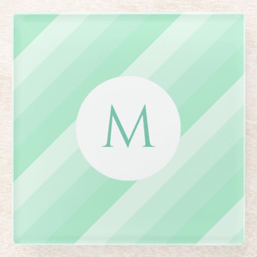 Mint Green Striped Modern Template Monogram Glass Coaster