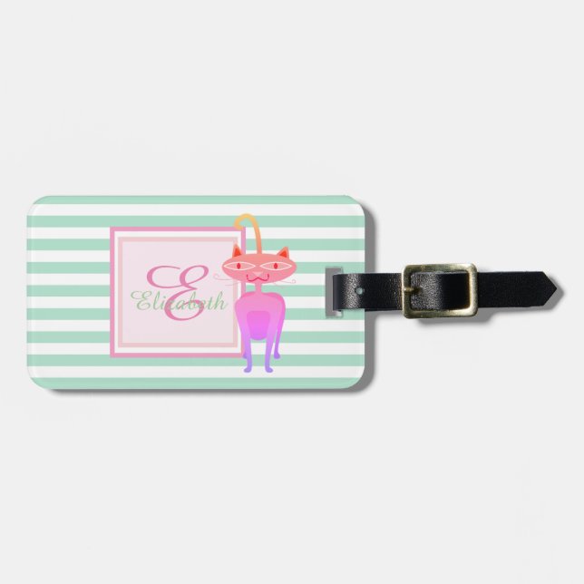 Mint Green  Striped Monogram, Cat- Personalized Luggage Tag (Front Horizontal)