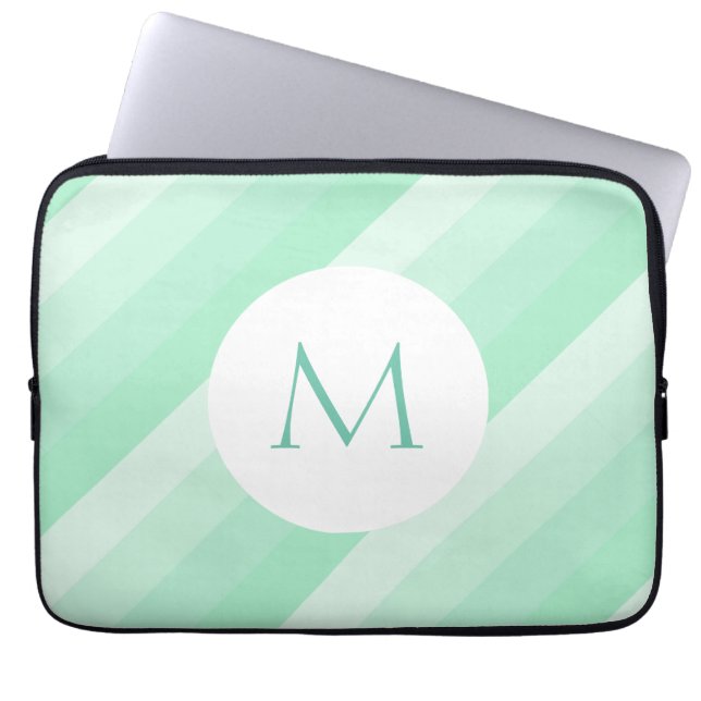 Mint Green Striped Template Modern Monogram Trendy Laptop Sleeve (Front)