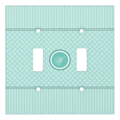 Mint Green Stripes and White Flowers With Monogram Light Switch Cover
