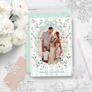 Mint Green Stripes & Bow Floral Photo Christmas Holiday Card