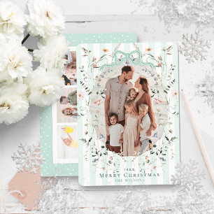 Mint Green Stripes & Bow Floral Photos Christmas Holiday Card