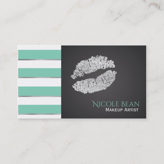 Mint Green Stripes Faux Silver Shine Lips Chic Business Card (Front)