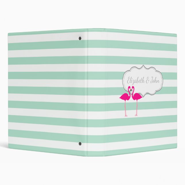 Mint Green Stripes Flamingos In Love -Personalized 3 Ring Binder (Background)