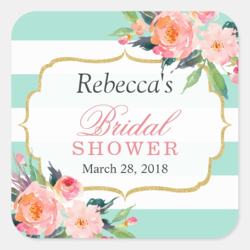 Mint Green Stripes Floral Bridal Shower Favor Square Sticker