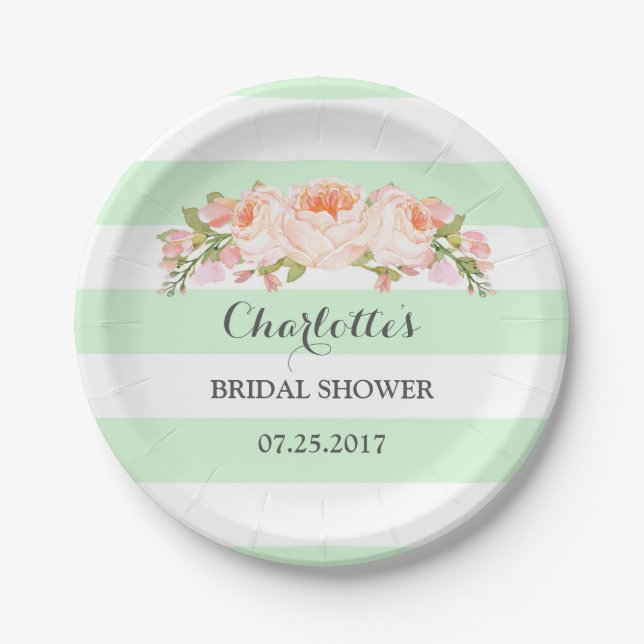 Mint Green Stripes Floral Bridal Shower Plate (Front)