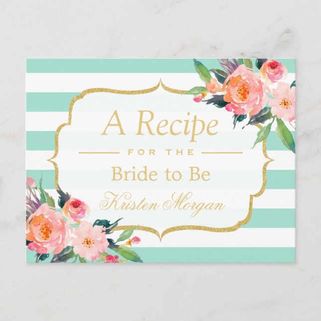 Mint Green Stripes Floral Bridal Shower Recipe Postcard (Front)