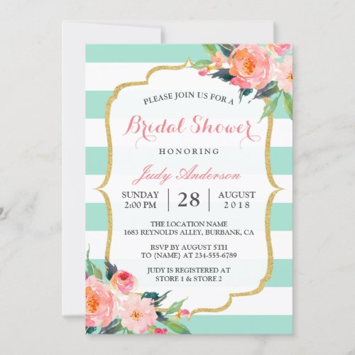 Mint Green Stripes | Floral Chic Bridal Shower Card