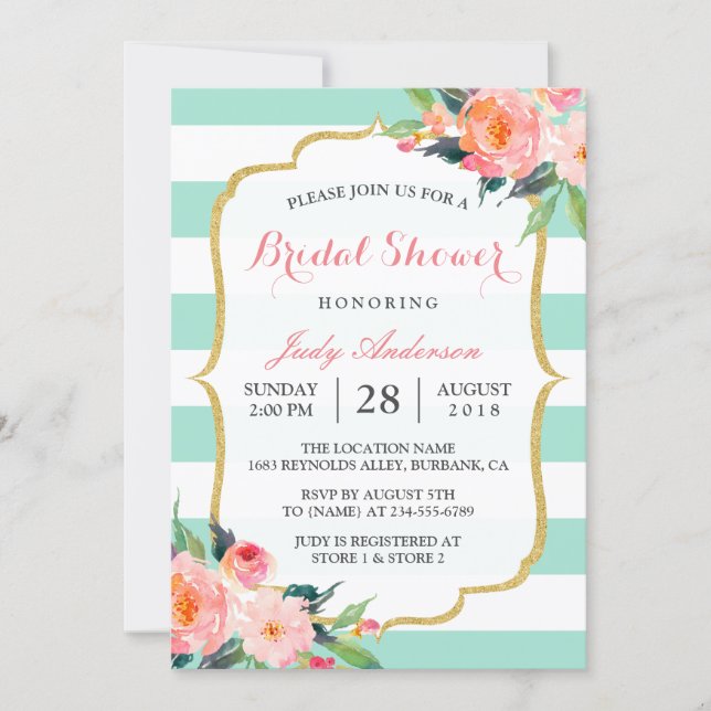 Mint Green Stripes | Floral Chic Bridal Shower Invitation (Front)