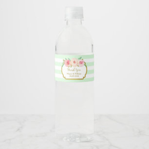 Mint Green Stripes Floral Gold Water Bottle Label