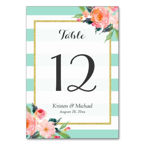 Mint Green Stripes Floral Wedding Table Number