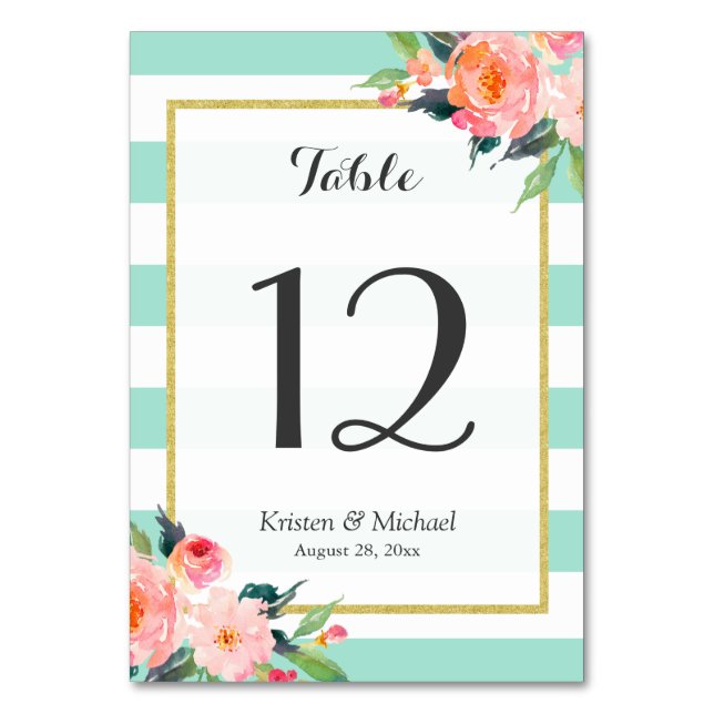 Mint Green Stripes Floral Wedding Table Number (Front)